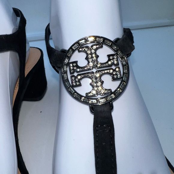 Tory Burch Suede T Strap Rhinestone Logo Sandals - Picture 6 of 15